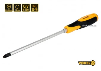 VOREL Викрутка хрестова ударна з 6-гранним стержнем : PH3 х 200 мм, HRC 38-46, Cr-V  | 62177