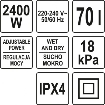YATO Порохотяг промисловий мережевий YATO : 2400 Вт, збірна ємність- 70 л  | YT-85710