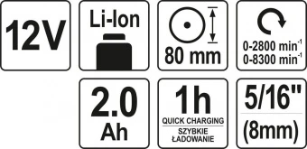 YATO Полірувальна машина акумуляторна YATO: Li-Ion 12В, 2 Агод, 2 режими, диск Ø= 80 мм, шпинд. Ø=8м