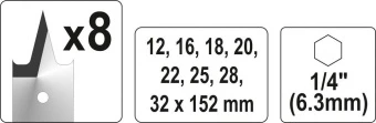 YATO Свердла перові по дереву YATO: 6-гранний хвостик HEX-1/4", Ø=12-32 мм, L=152мм. (Набір/8 Шт.)  