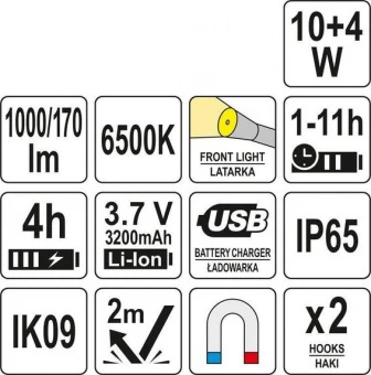 YATO Світильник переносний світлодіодний YATO акумулят. 3,7V, 2 режими-10/4 Вт, 170/1000Lm, заряд US