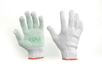 Перчатки Х/Б с ПВХ точкой р10 (белые+зеленый ПВХ мастер) СИЛА
