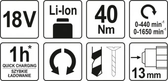 YATO Шуруповерт-дриль акумуляторний YATO : 18V, Li-Ion, KM- 40 Нм, патрон Ø≤13 мм (БЕЗ АКУМУЛЯТОРА) 