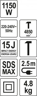 YATO Молот відбійний SDS-MAX мережевий YATO : P= 1150 Вт, J = 15 Дж. 5100 удар/хв  | YT-82133