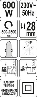 YATO Лобзик ручний мережевий YATO : P= 600 Вт, 500-2500 об/хв, глибина різу метал/дерево- 10/130 мм 
