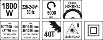 YATO Пила торцьовальна з протяжкою і лазером YATO: P=1.8 кВт, диск Ø=305/30мм, гл. різу 90°/45°-105/