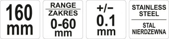 YATO Штангенциркуль для гальмівних дисків YATO: l=160 мм, з діап.- 0-60 мм, точн ± 0,1мм, губки-55мм