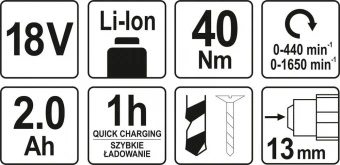 YATO Шуруповерт-дриль акумуляторний YATO : 18V, Li-Ion, 2 Агод, KM- 40 Нм, патрон Ø≤13 мм  | YT-8278