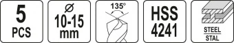 YATO Набір свердл по металу YATO: HSS 4241, Ø10-15мм, L=75/150мм, до нержав. і конструкц. сталі, 5 ш