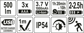 YATO Ліхтар на чоло COB-діодний YATO; живл. від 3хААА акумулят 3,7В 1000мАгод, 500Lm, з датчиком рух