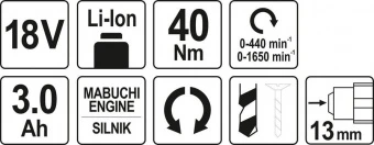 YATO Шуруповерт-дриль акумулят. Li-Ion- 2х18 В YATO: 3 Агод, крутн.мом.- 40Нм, патрон Ø≤13 мм в кейс