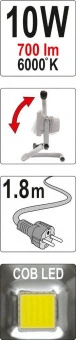 YATO Прожектор діодний, переносний, мережевий YATO; 230 В, 10 Вт, 700 lm, кабель l=1,8 м (DW) | YT-8