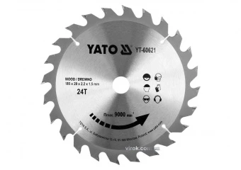 YATO Диск пиляльний победітовий по дереву YATO: 185x20x2.2x1.5 мм, 24 зубці, R.P.M до 9500 1/хв  | Y