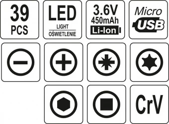 YATO Викрутка акумул. з набором біт YATO : Li-Ion 3.6В 450 мАгод, LED-підсвітка, HEX-1/4", CrV, 39шт