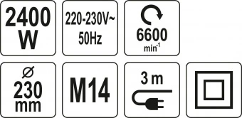 YATO Шліфмашина кутова мережева YATO : Ø= 230 мм. P= 2400 Вт, 6000 об/хв, М14, плавний пуск  | YT-82