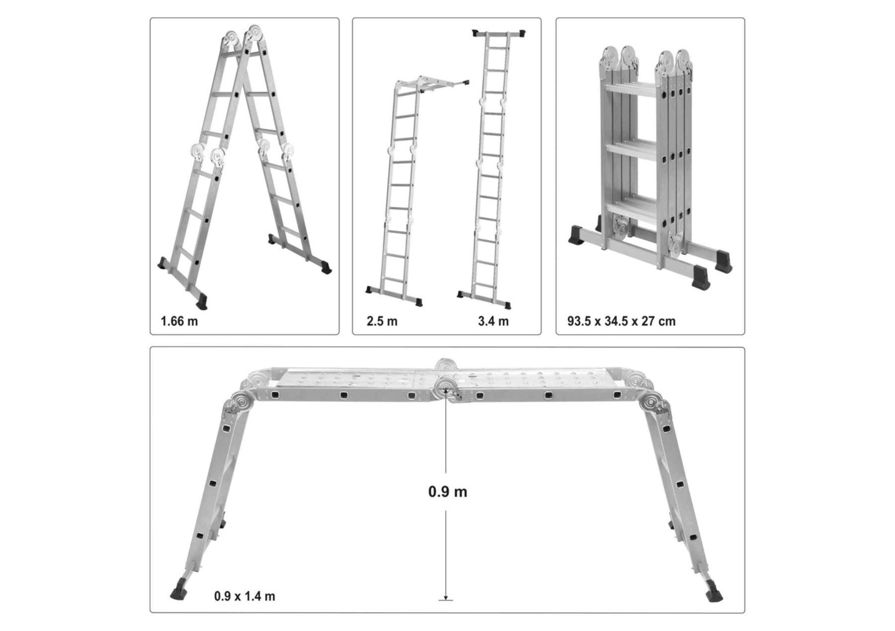 VOREL Драбина розкладна : 4 секції x 3 сходини, h=3.4 м, 94х35х27 см, алюміній+сталь  | 17704