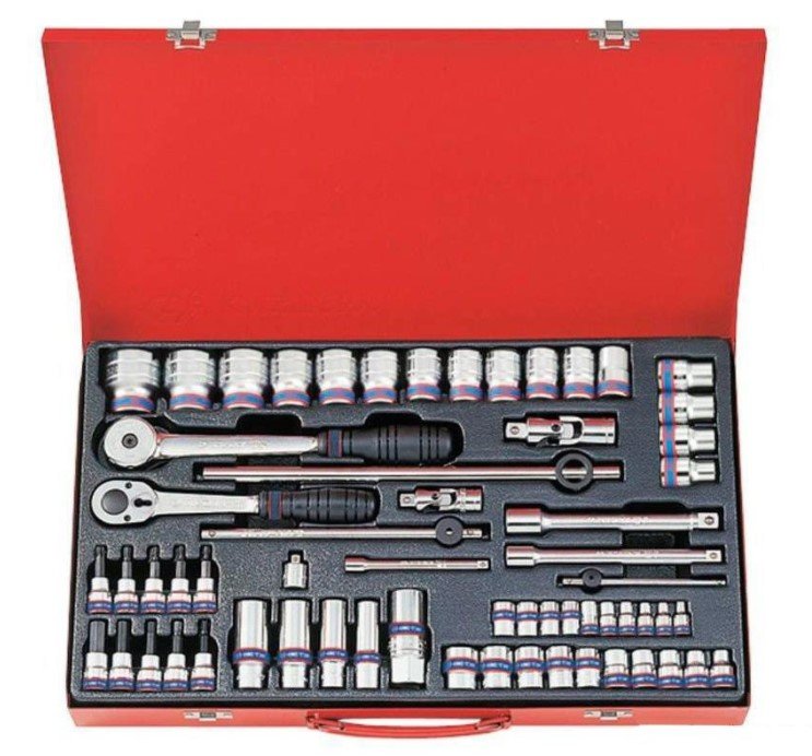 KING TONY Набор головок 1/2" 3/8" 1/4" 62 единицы (трещетка с резиновой ручкой) | 9563MR02