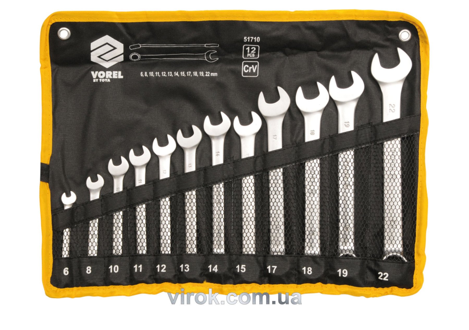 VOREL Ключі ріжково - накидні Cr-V на плахті, М 6-22 мм, Набір 12 шт.  | 51710