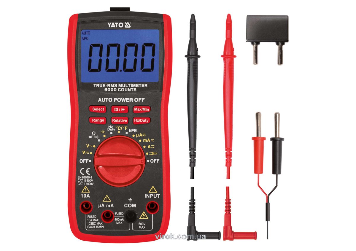 YATO Мультиметр для вимірювання електричних параметрів YATO з LCD-дисплеєм і провідниковими контакт.