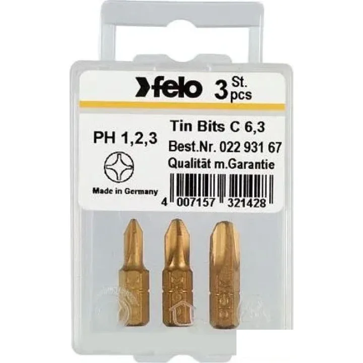 Набор бит FELO TiN PН1/ PН2/ PН3, 1/4, форма С 6,3х25 мм, ВОХ (3 шт.) (02293167)
