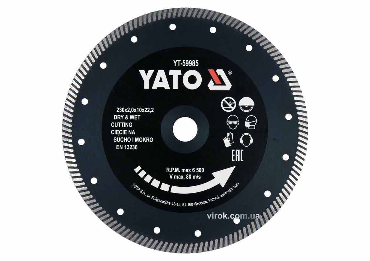 YATO Диск відрізний алмазний по гресу, кераміці "TURBO" YATO Ø=230x2x10x22.2 мм,в мокр.і сух. режимі