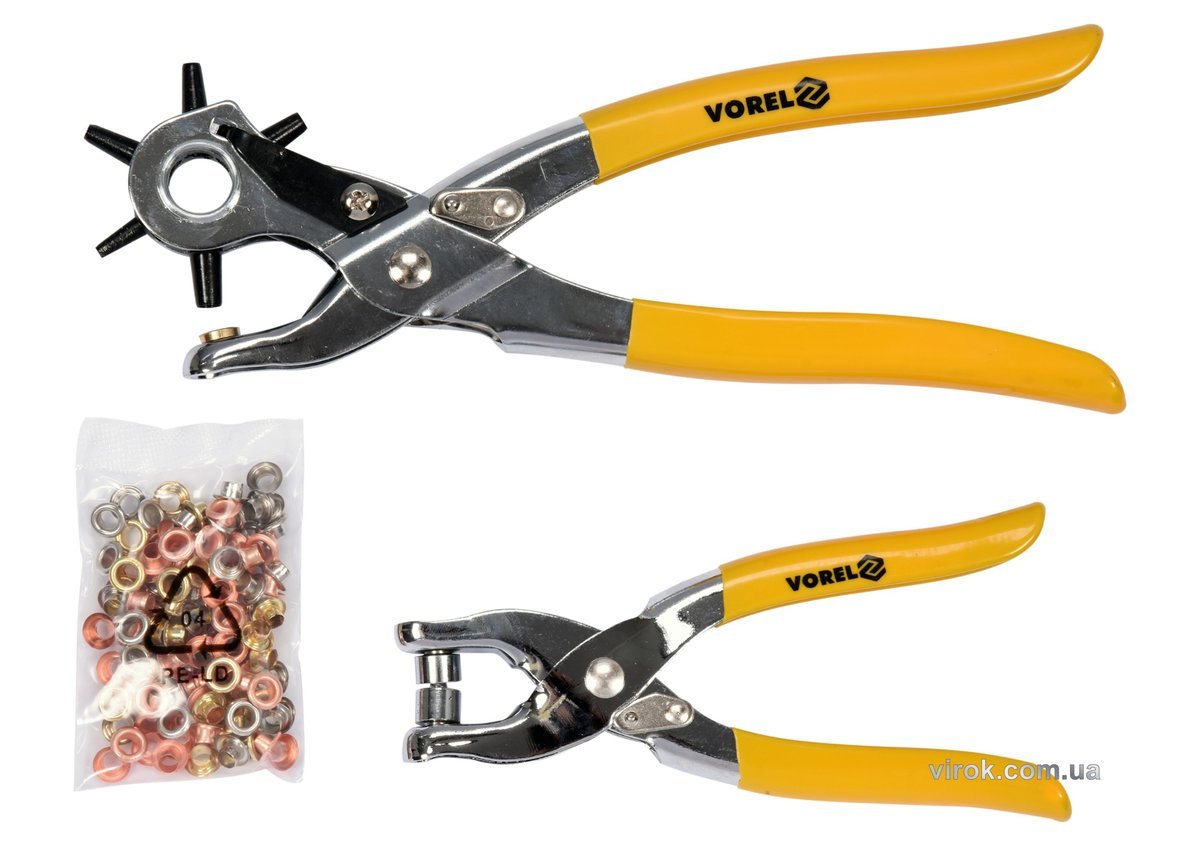 VOREL Дирокол, щипці для люверсів з люверсами Ø=5мм (100 шт) по шкіряних виробах ; набір 3 елем.  | 