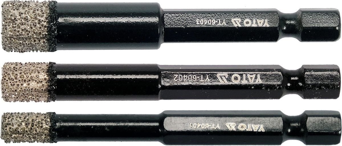 YATO Свердла з алмазним пругом YATO, 3 шт. Ø= 6-8-10 мм, l= 65/10 мм, з 6-гран. шпинделем- 1/4"  | Y