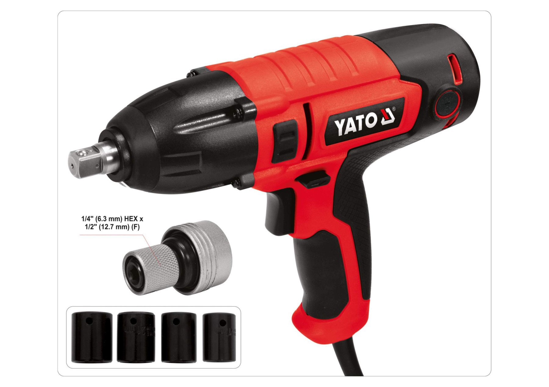 YATO Гайковерт ударний мережевий YATO: 1/4" HEX x1/2" F, 450Вт, 450Нм, 3300 об/хв + 4 головки і кейс