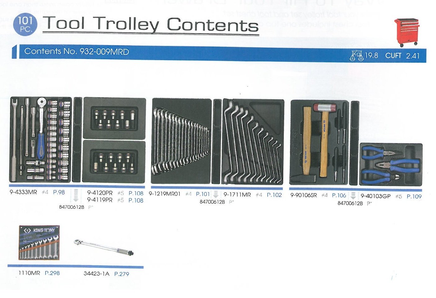KING TONY Набор инструментов для тележки 101 пр.(Ложементы) | 932-009MRD
