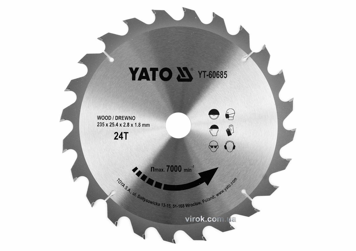YATO Диск пиляльний победітовий по дереву YATO: 235x25.4x2.8x1.8 мм, 24 зубці, R.P.M до 7000 1/хв  |