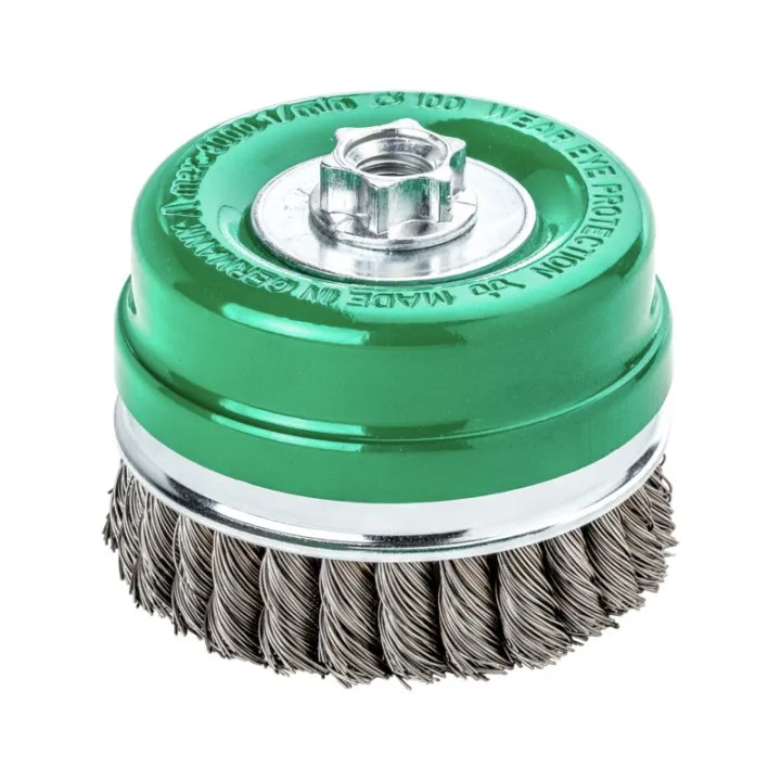 Щетка чашечная 100хМ14х2.0, нерж. проволока 0.5 мм, Z26 жгутов, 9000 об / мин LESSMANN