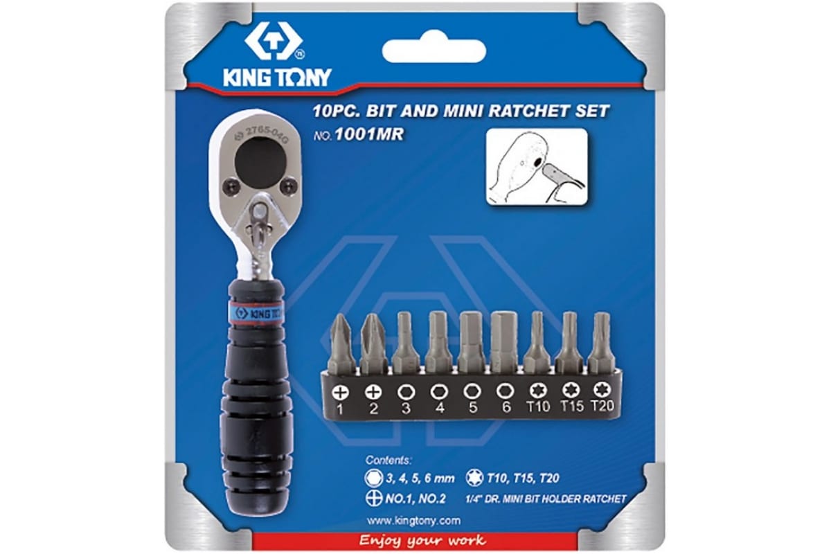 KING TONY Набор вставок (бит) с трещоткой 1/4", TORX, HEX, PH, 10 предметов | 1001MR