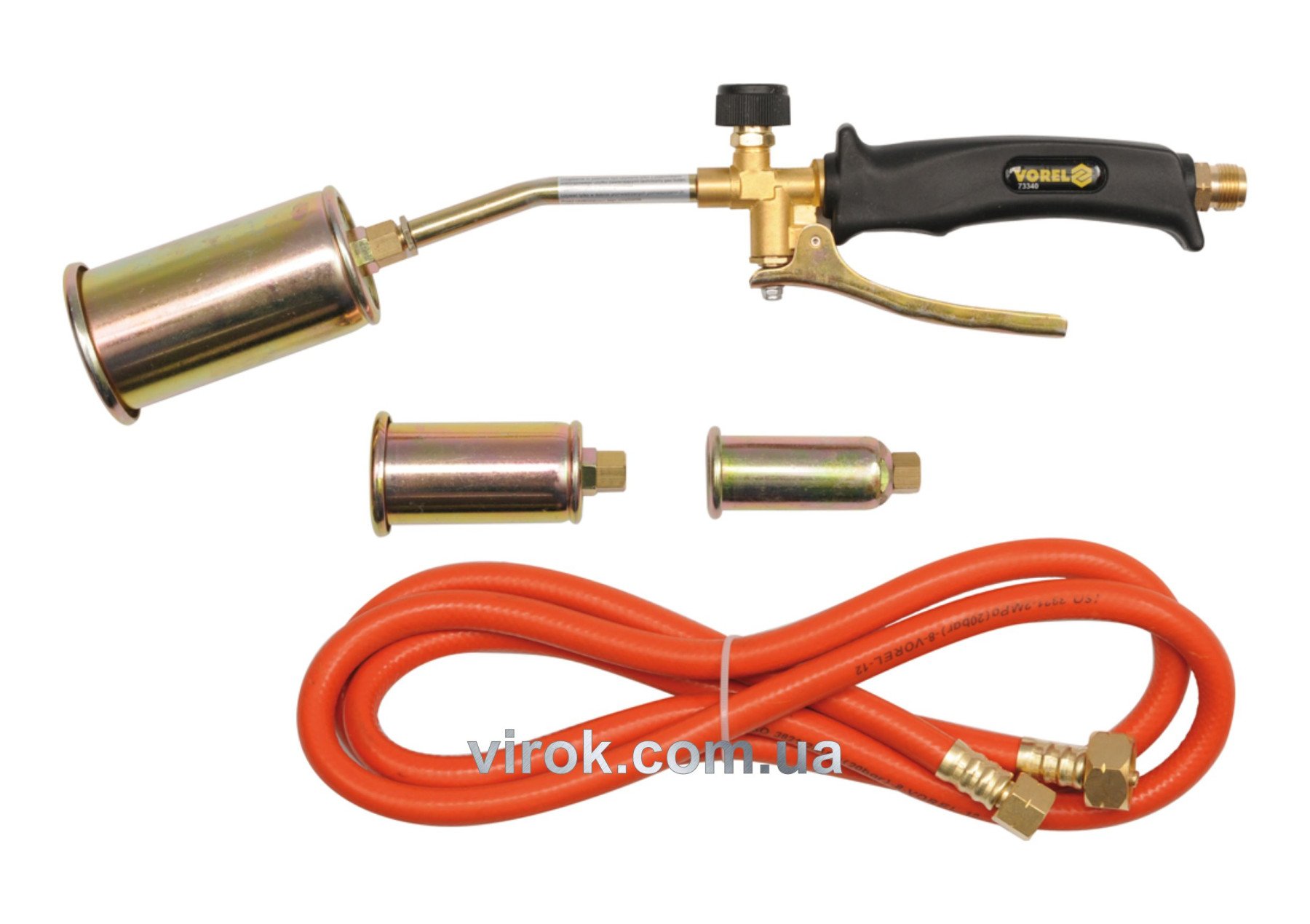 VOREL Пальник Газовий : L=360мм. до 19,5 кВт. Набір з 3 наконечниками і шлангом l=2м. 1,2МРа  | 7334