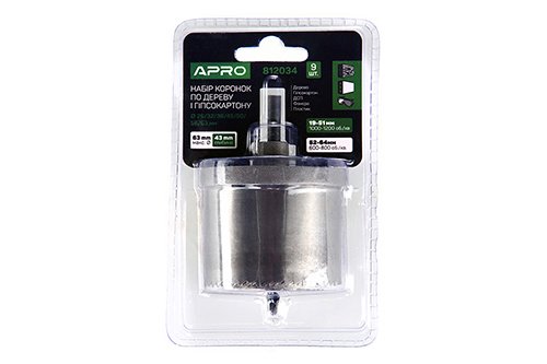 Набір коронок по дереву і гіпсокартону 9 предметів, глибина 43мм (26/32/36/45/50/56/63) APRO