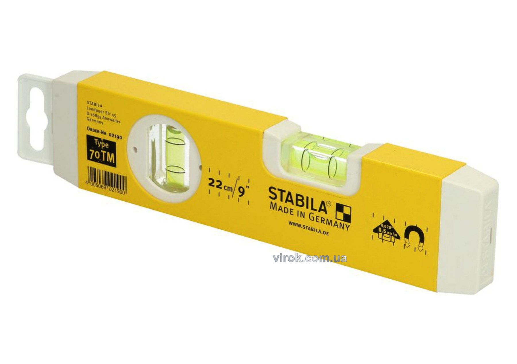 STABILA Рівень Type 70 ТМ : Torpedo, L= 22 см, 2 капсули, магнітний | 2190