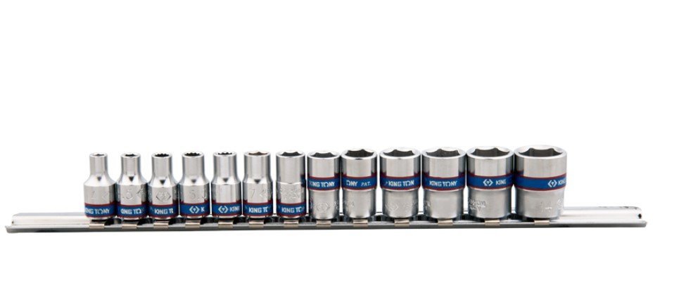 KING TONY Набор головок 1/4" 13 ед. 6-ти гранные, (4-14mm) на планке | 2513MR