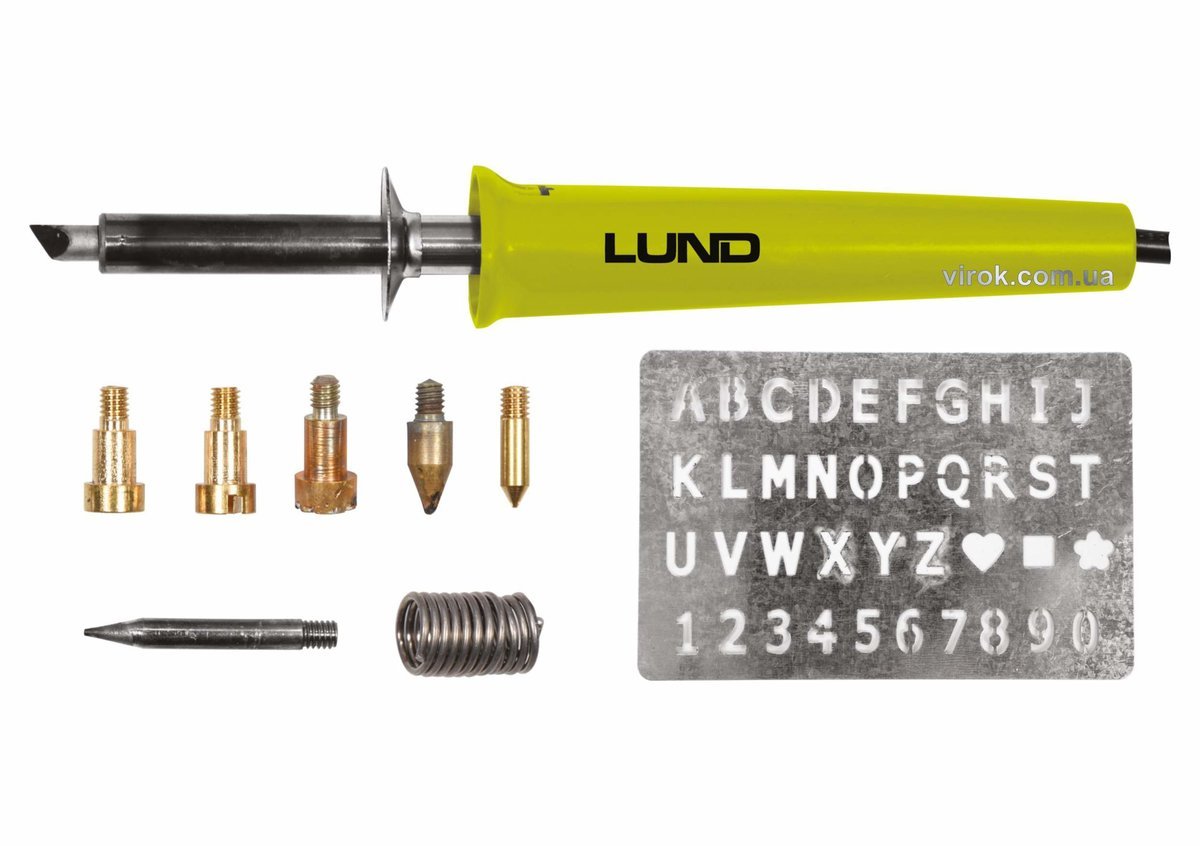 LUND Паяльник-випалювач (по дереву) мережевий : P=30Вт, макс. t= 400°C, з наконечниками, 11 елем. | 