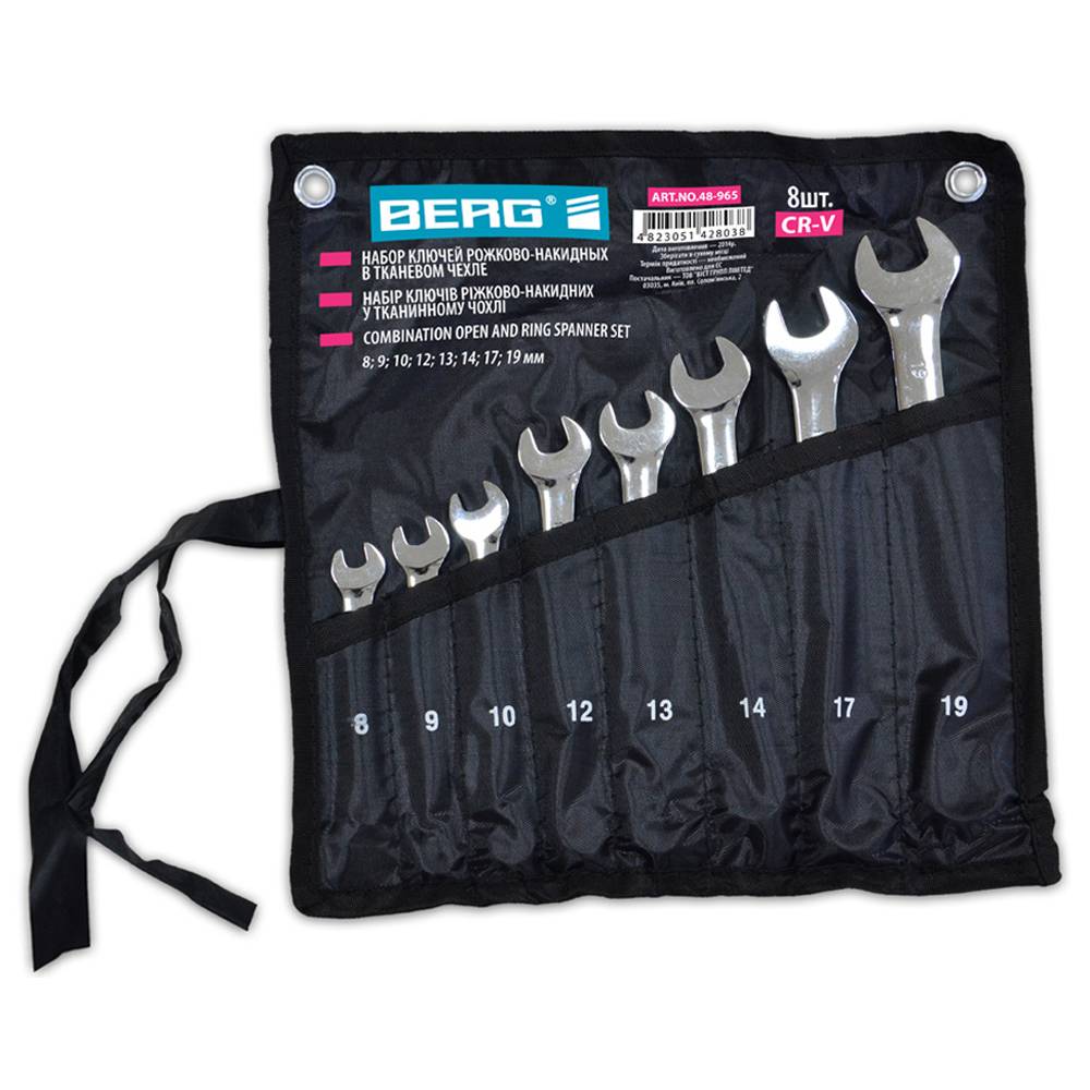 Набір ключів ріжково-накидних у тканинному чохлі, Cr-V, 14 шт. (8-24 мм) Berg | 48-968