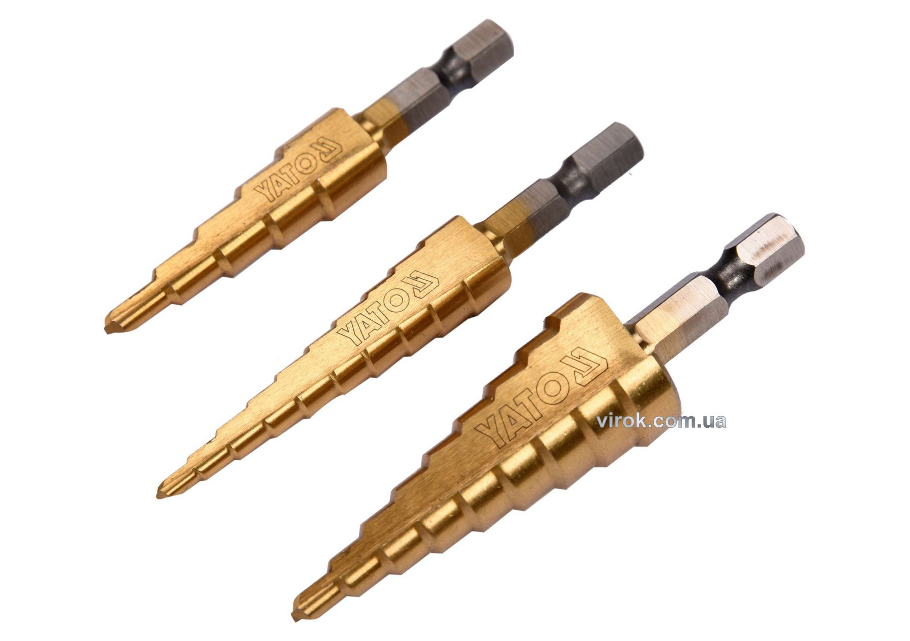 YATO Свердла конічні титанові по металу YATO, HEX-1/4", HSS, для отворів Ø=3-12мм, 4-12мм,4-20мм; 3ш
