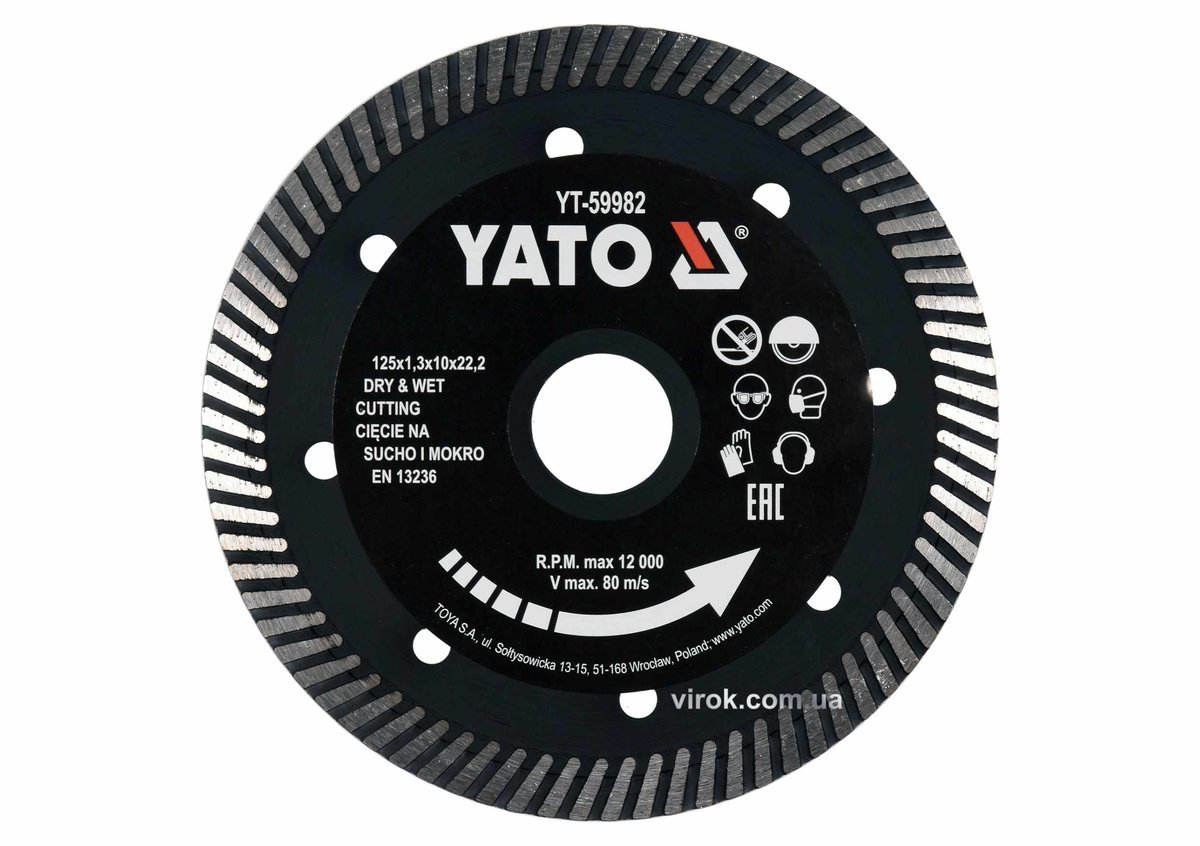 YATO Диск відрізний алмазний по гресу,кераміці "TURBO" YATO Ø=125x1.3x10x22.2мм,в мокрому і сухому р