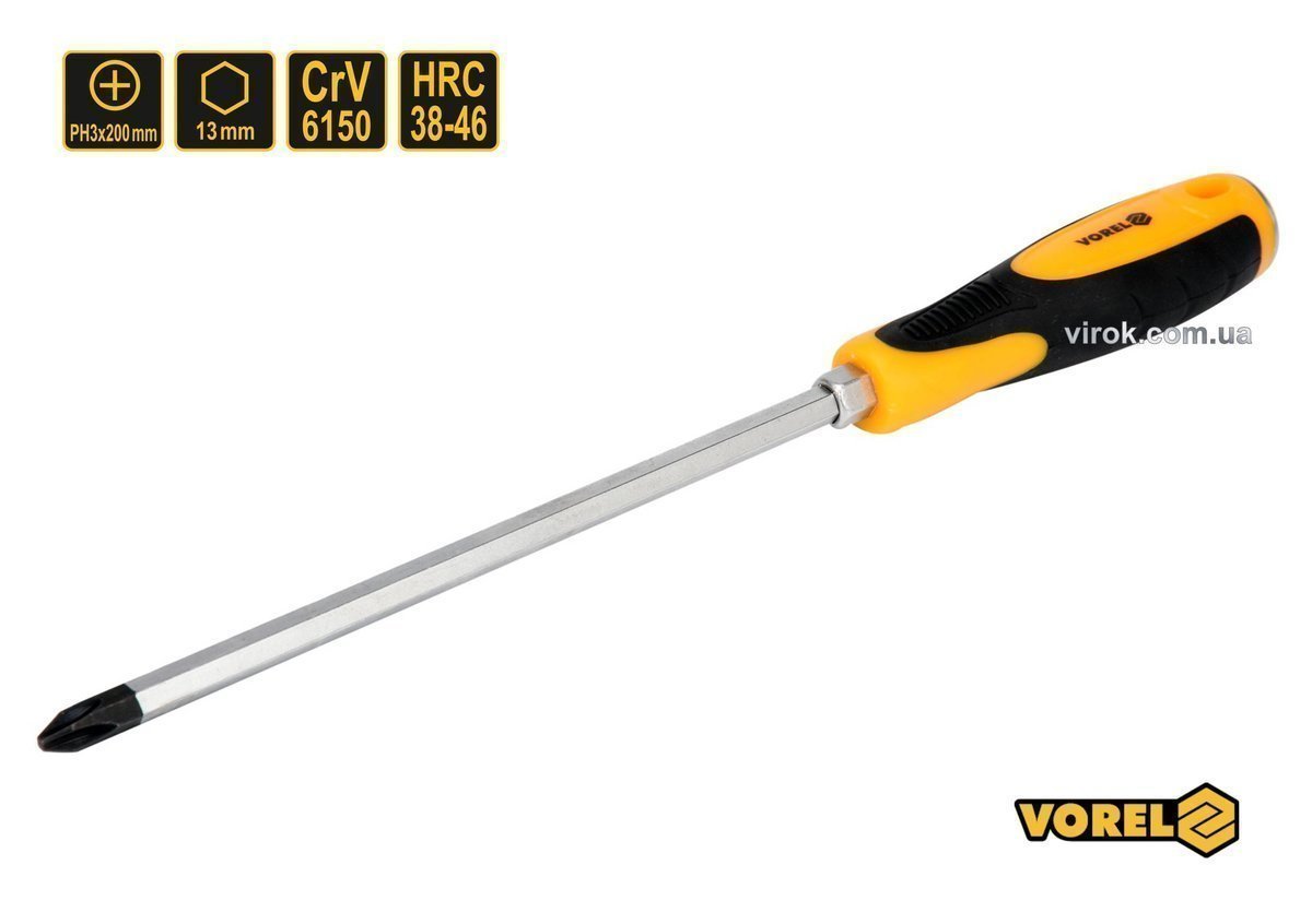 VOREL Викрутка хрестова ударна з 6-гранним стержнем : PH3 х 200 мм, HRC 38-46, Cr-V  | 62177