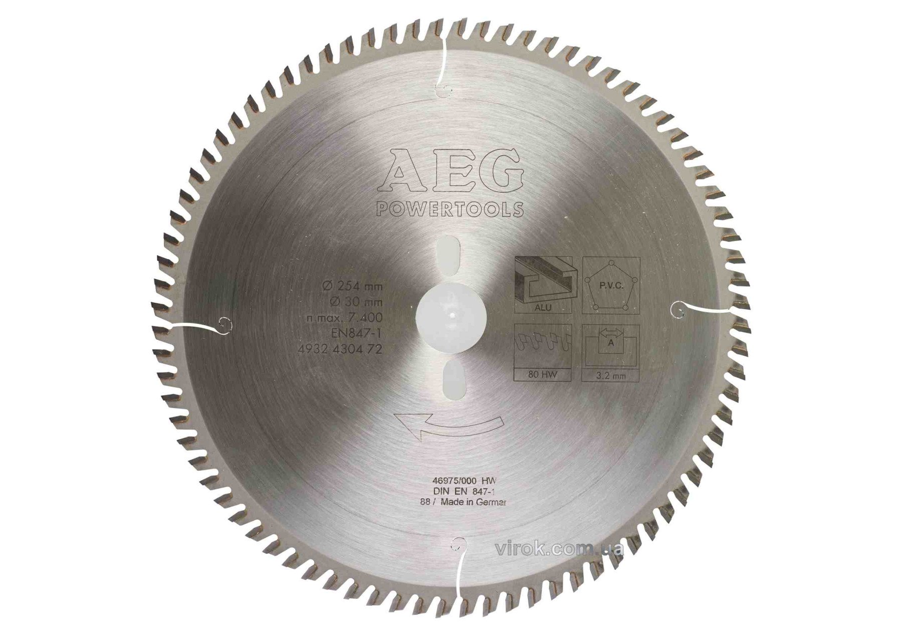 Диск пиляльний по алюмінію і пластику AEG : Ø= 254/30 мм, різ h= 3.2 мм, 80 зубів DW