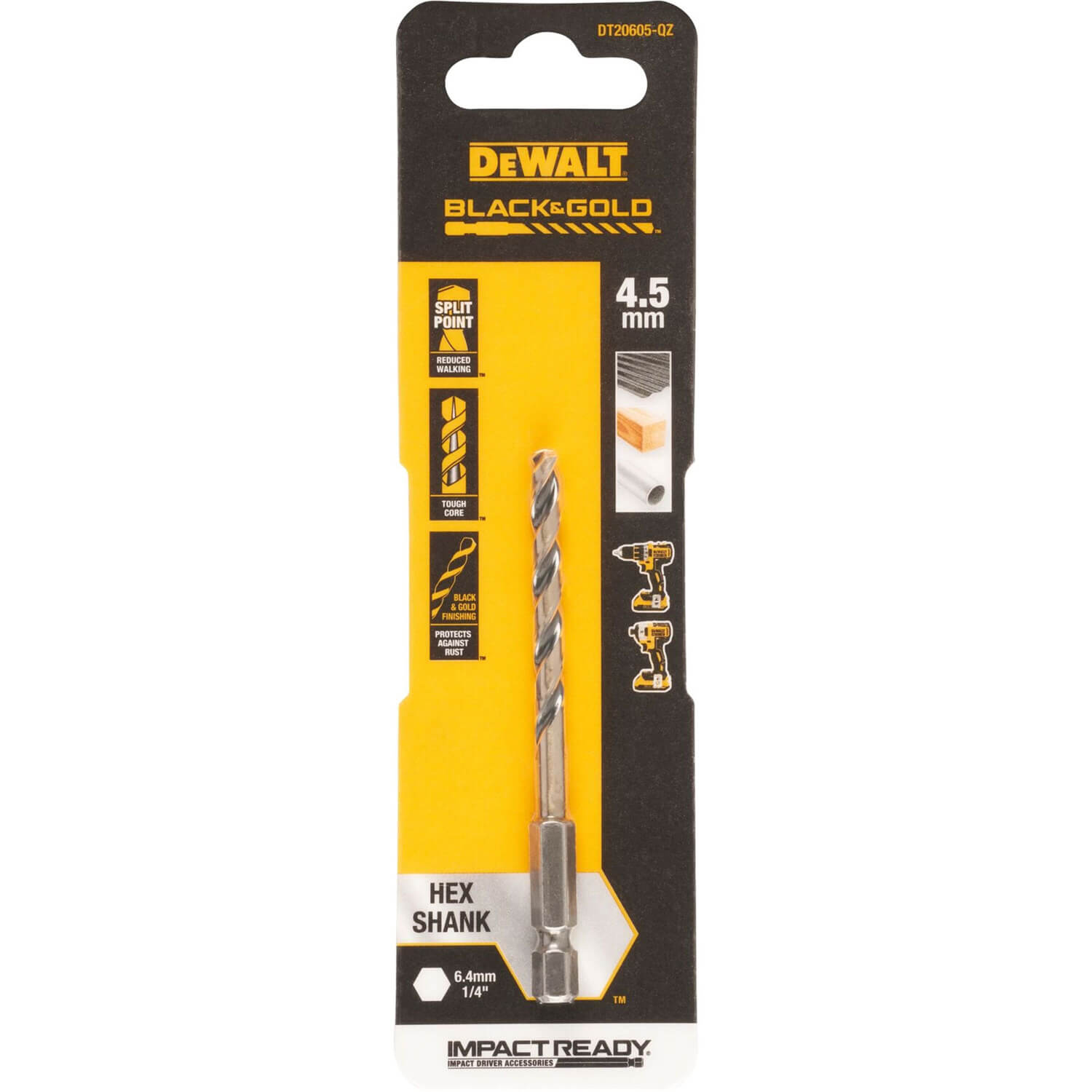 Свердло по металу DeWALT EXTREME IMPACT Black & Gold, HSS-G, Ø 4,5 мм, 1 шт. | DT20605