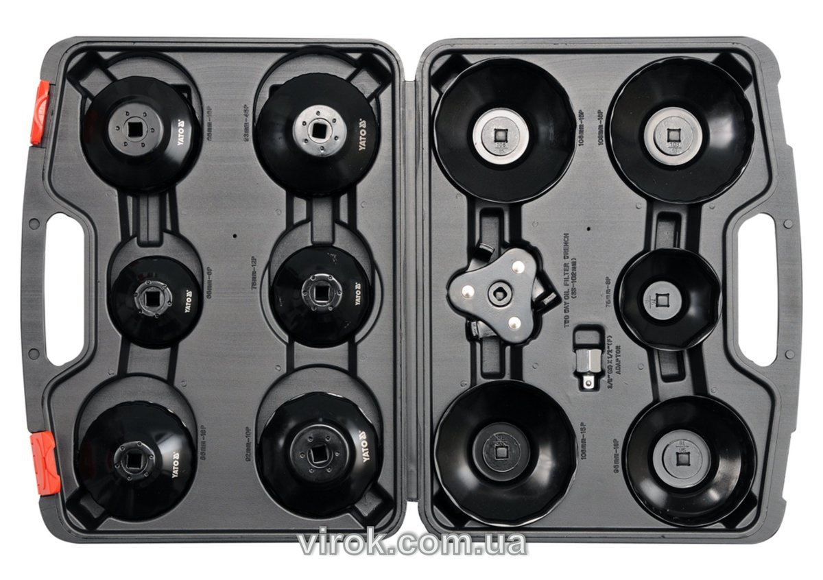 YATO Торцеві головки до оливних фільтрів двигуна М 65 - 120 мм з квадр. 3/8" і 1/2"; компл. 13 шт.  