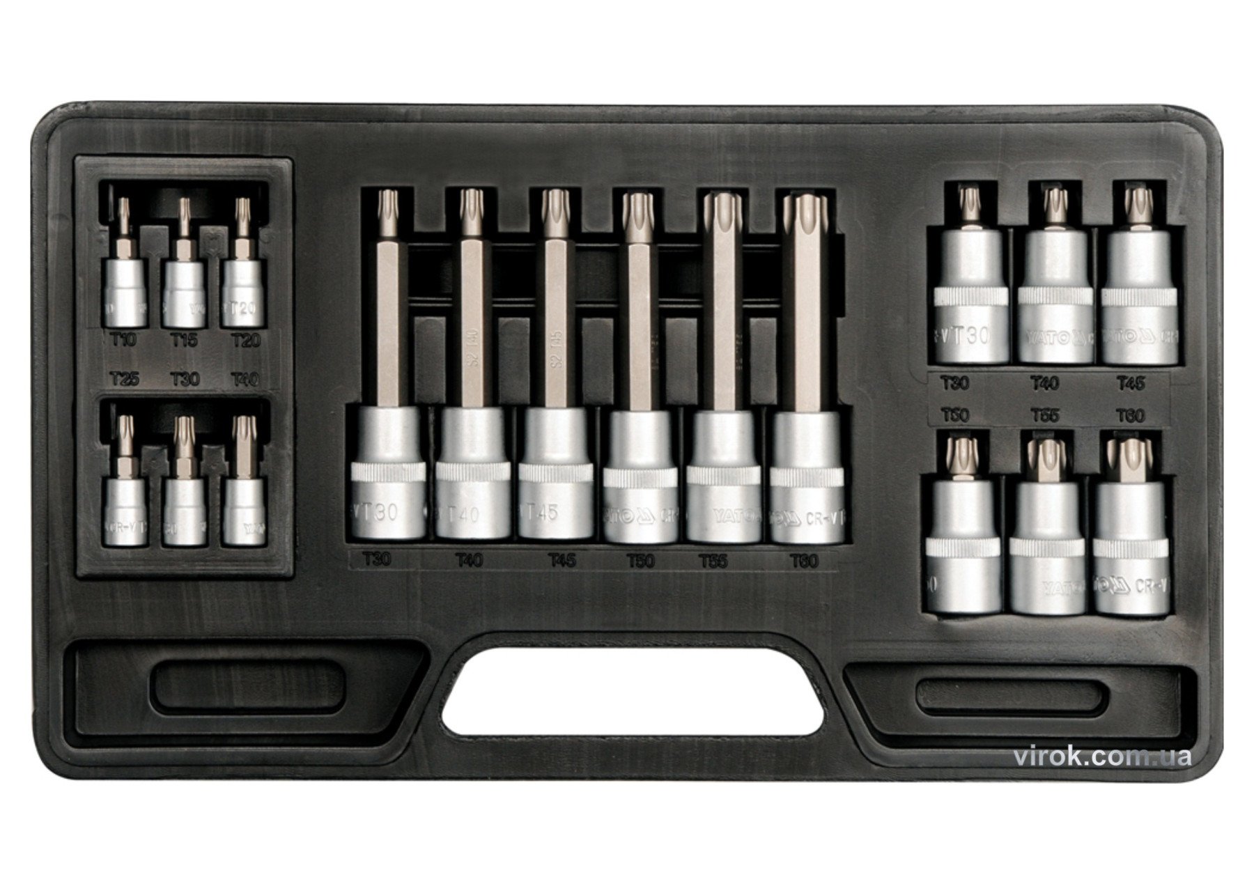 YATO Набір головок торцевих з насадками TORX YATO : квадрат 1/2"-1/4". TORX T10-T60. 18 Шт.  | YT-77