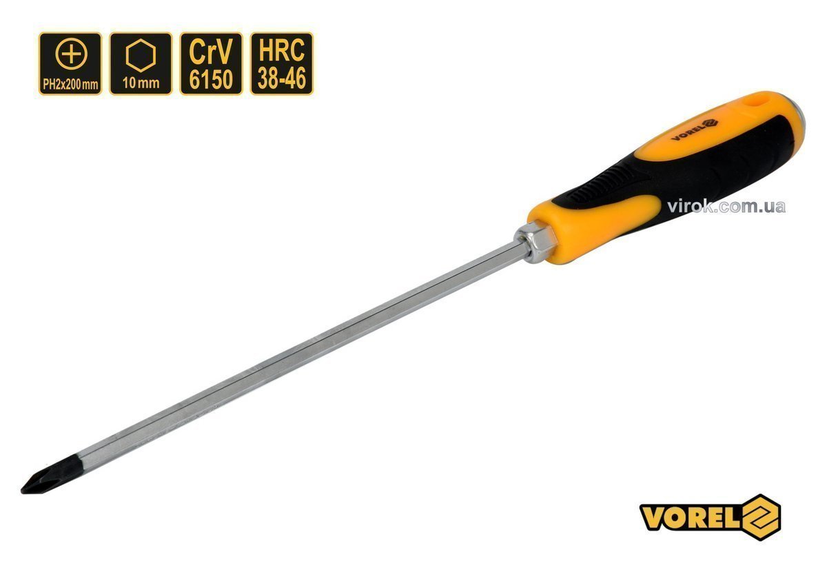 VOREL Викрутка хрестова ударна з 6-гранним стержнем : PH2 х 200 мм, HRC 38-46, Cr-V  | 62174