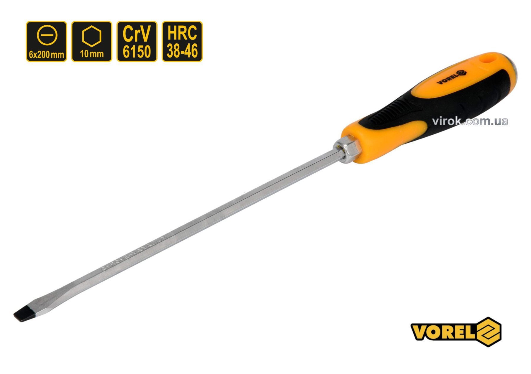 VOREL Викрутка плоска ударна з 6-гранним стержнем : SL6 х 200 мм, HRC 38-46, Cr-V  | 62164