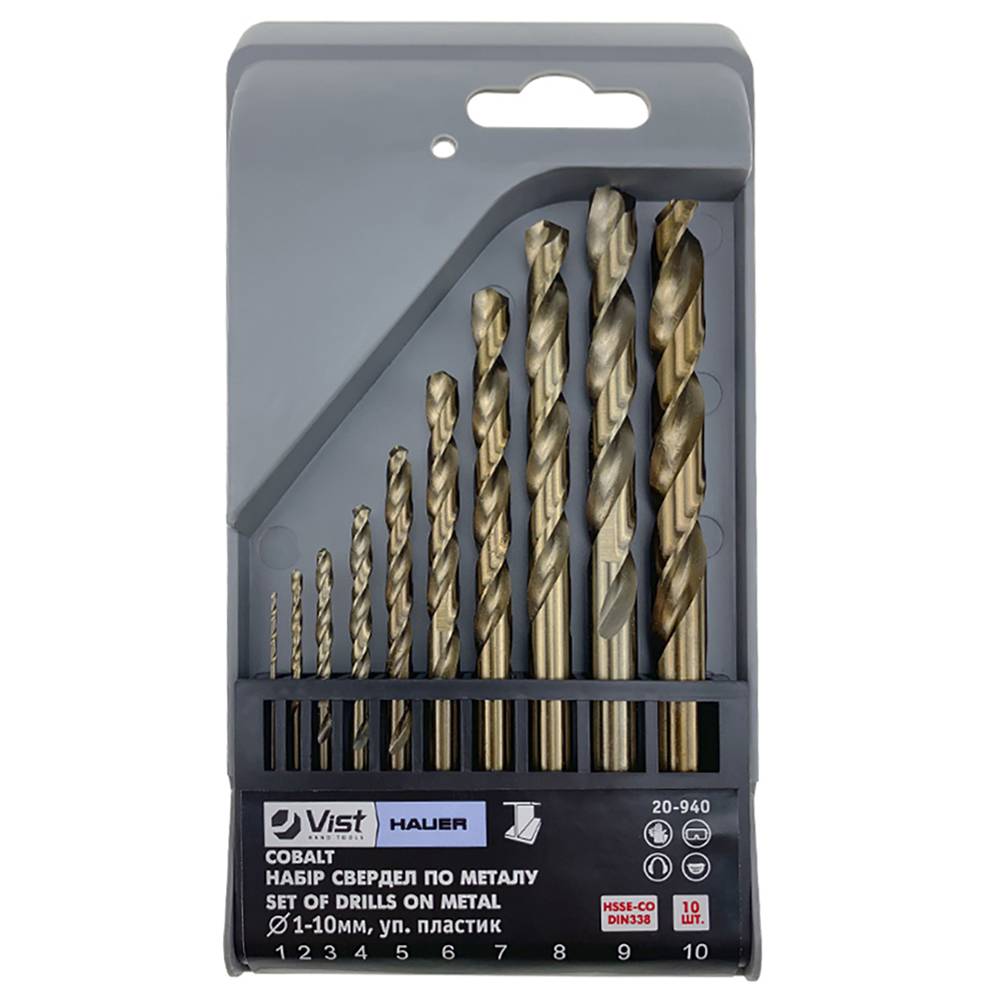 Набір свердел по металу ,HSS, Cobalt, 10 шт. (1-10мм, уп. пластик) Hauer | 20-940