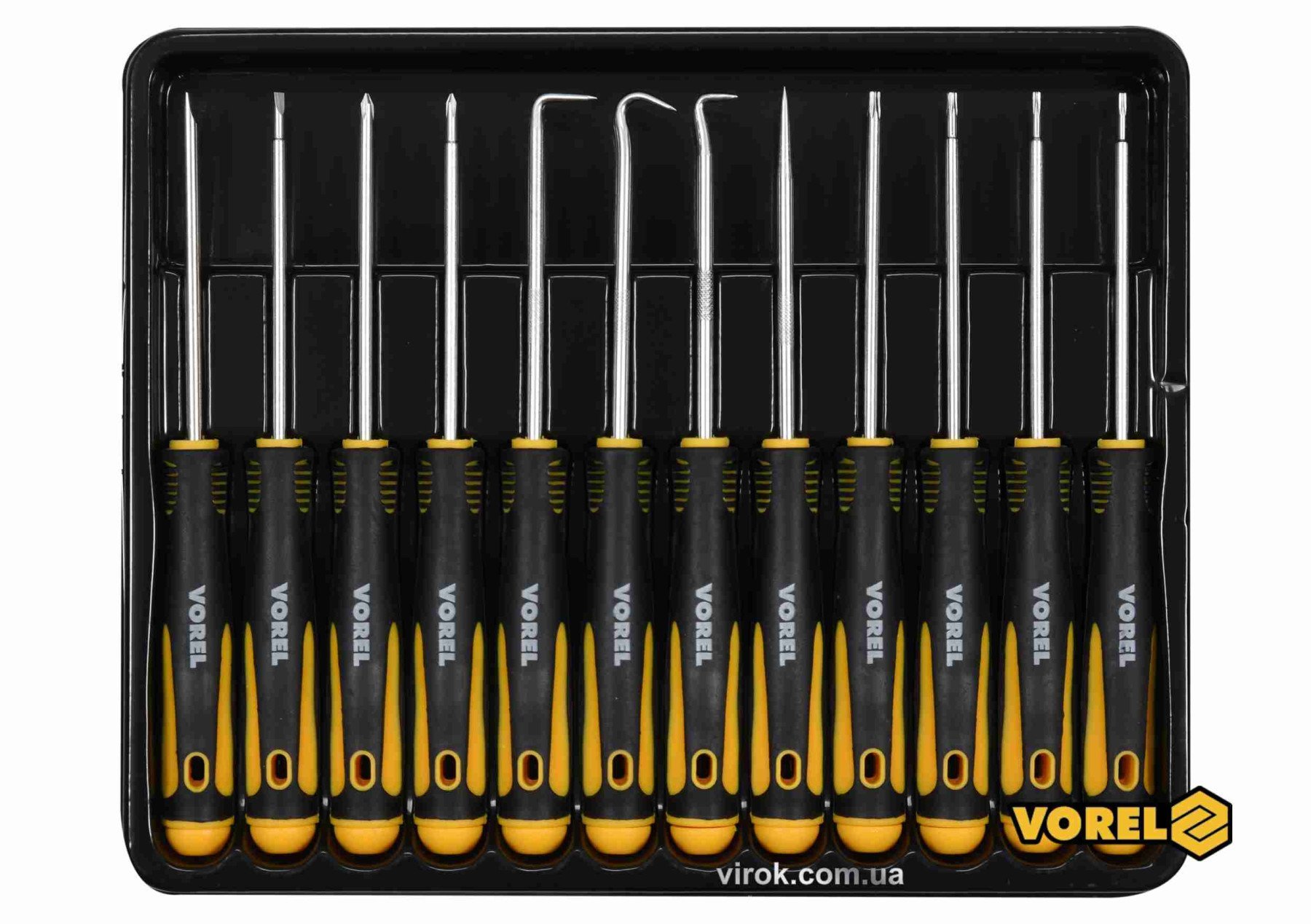 Набір викруток і гачків прецизійних VOREL : L= 165 мм, SL, PH, TORX, Cr-V, 12 шт [10/40]