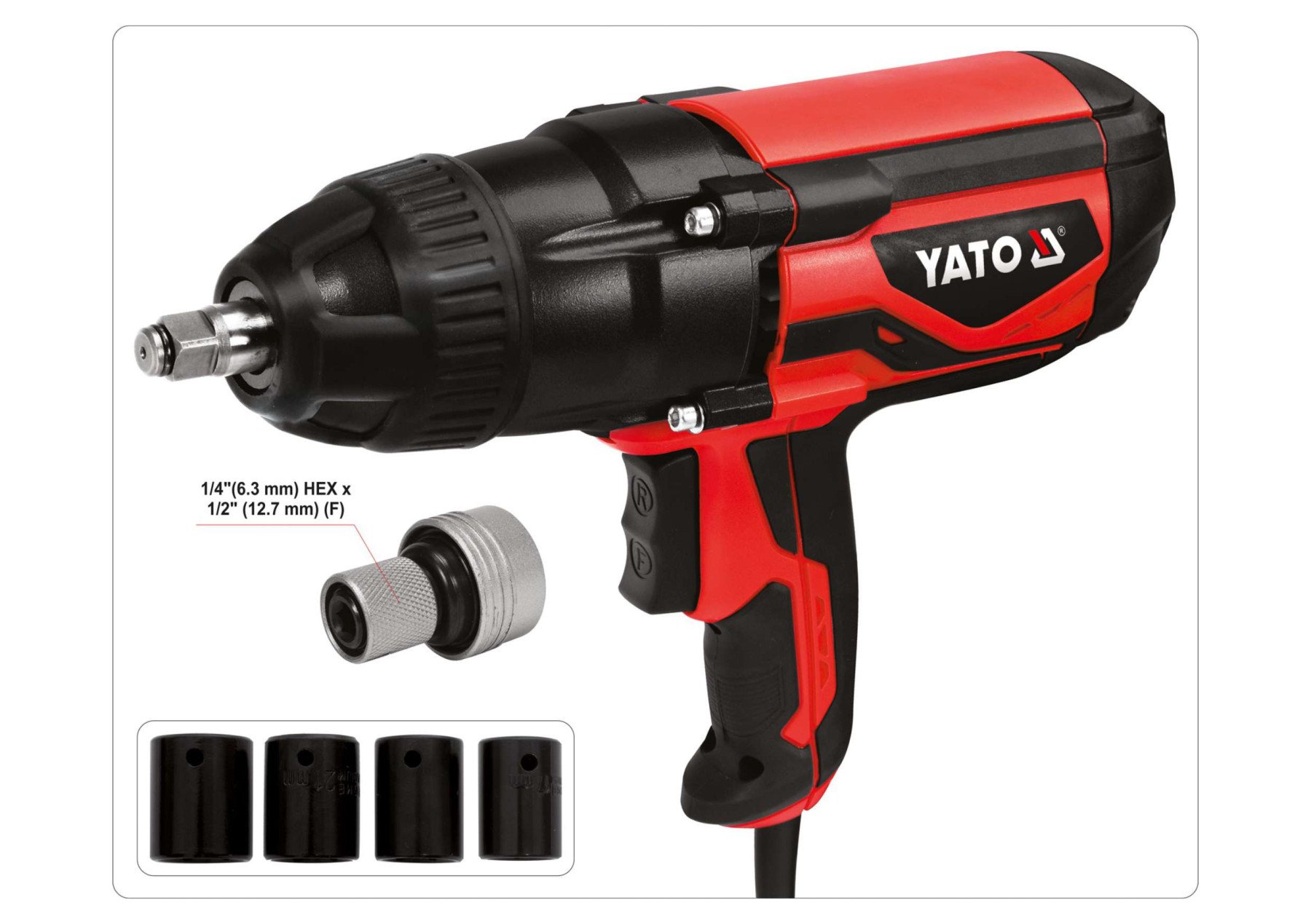YATO Гайковерт ударний мережевий YATO: 1/4" HEX x 1/2" F, 1020Вт, 600Нм, 2600 об/хв +4 головки і кей